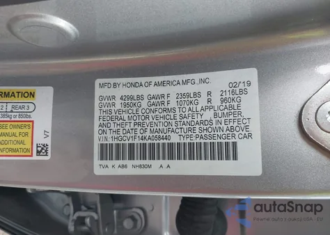 2019 Honda Accord Lx from USA, damaged, VIN 1HGCV1F14KA058440